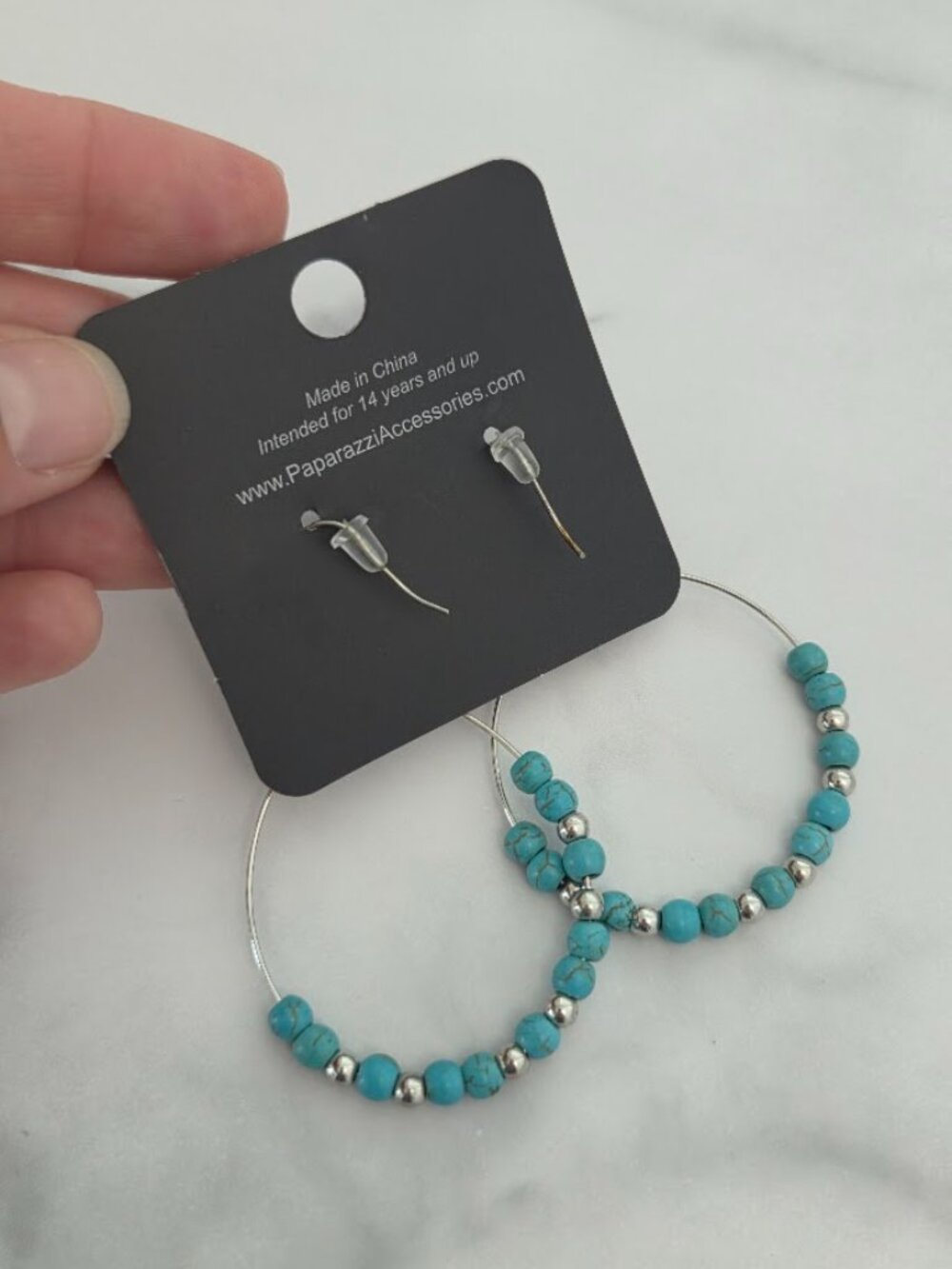 Casual Paparazzi Silver Tone Hoop Earrings with Turquoise Style Beads - Picture 3 of 10